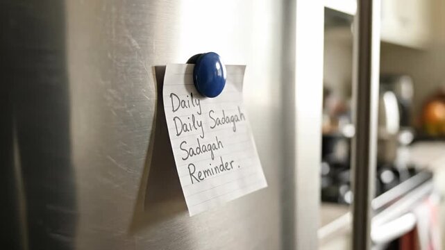 Hand places a reminder note on a refrigerator for daily charity, emphasizing generosity and good deeds.
