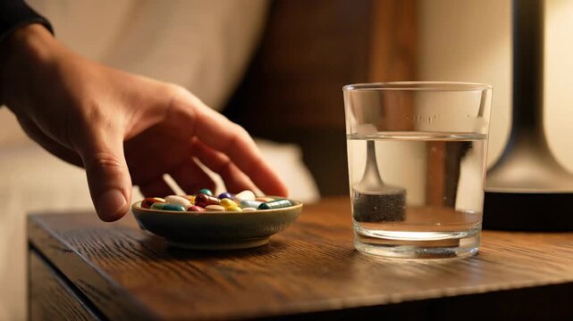 Hand places colorful pills and capsules on bedside table next to glass of water
