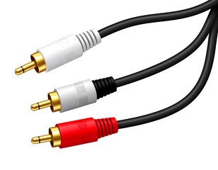 Three RCA connector ends ? red, white, and black ? join into a single black cable