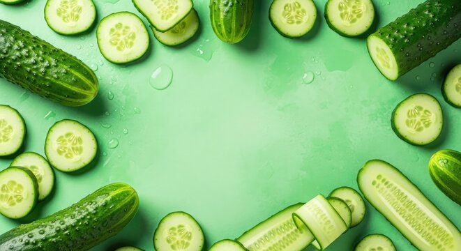 Fresh cucumbers on a green background.