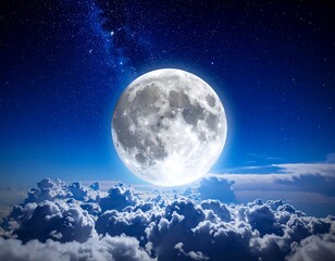 Obraz premium A large moon shines brightly above fluffy clouds in a starry night sky