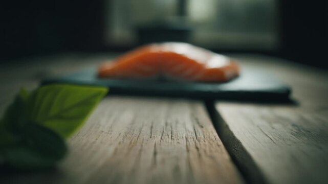 Delicious salmon fillet on a cutting board with green leaf on a rustic wooden table.