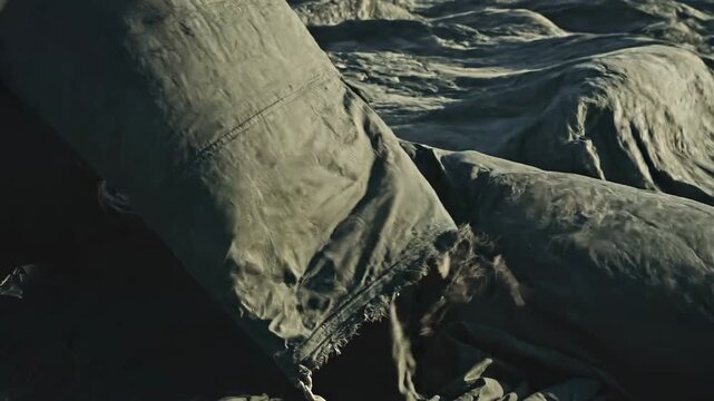 Close-up of rugged dark fabric and straps from outdoor camping gear scene.