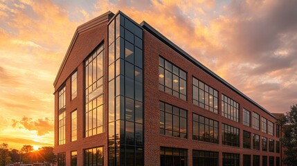 Modern office building with large glass facade at sunset, viewed from a low angle, showcasing architecture and urban landscape