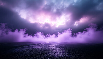Obraz premium Dramatic purple storm clouds and smoke on wet asphalt road, cinematic horror background with light.