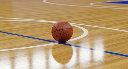 Naklejka premium Basketball on Indoor Court with Wooden Floor Background
