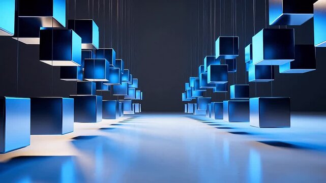 Suspended blue cubes in a futuristic space