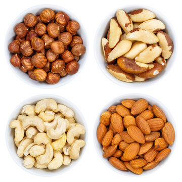 Nuts nut collection from above bowl isolated on white