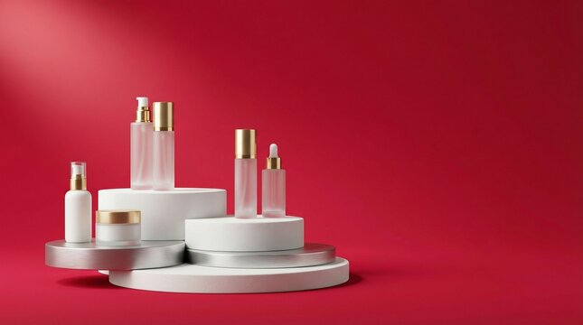Cosmetic Product Display: An elegant presentation of beauty and skincare products, each carefully arranged on stylish platforms, showcasing their premium design and luxurious appeal.