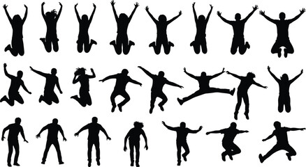 Collection of Happy People Jumping Silhouette Vector Illustration Set, Diverse Group of Men and Women Leaping for Joy Success Freedom and Active Lifestyle Design,