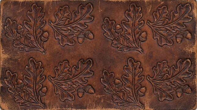 Embossed leather texture pattern with oak leaves and acorns in a repeating design on brown background