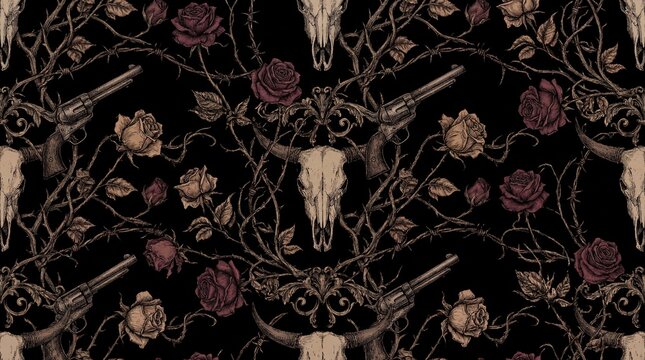 Repeating pattern of cow skulls intertwined with ornate guns and thorny roses on black background forming a seamless design