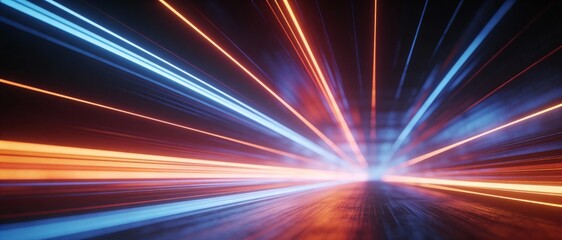 Obraz premium Abstract motion blur of blue and orange light streaks in a dark tunnel, conveying speed and technology