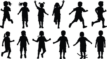 Obraz premium Set of Active Children Silhouettes Running, Jumping, and Playing Isolated on White Background, Kids Motion Poses, Childhood Energy, Sports and Fun Concept
