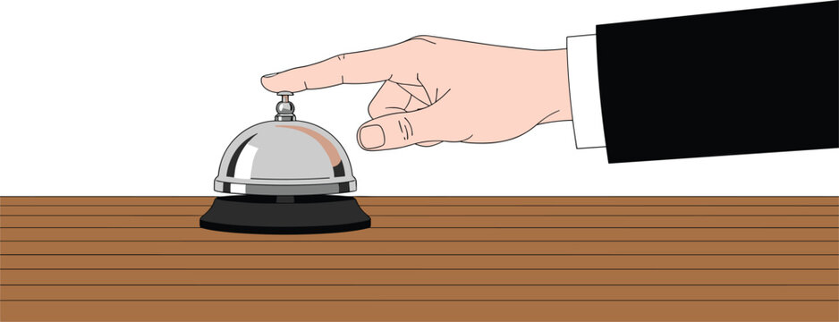 Hand pressing service bell on reception desk symbolizing customer service, assistance, hospitality, support, and business communication illustration