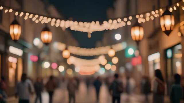 Defocused night street scene with crowd walking under festive string lights and lanterns abstract urban background