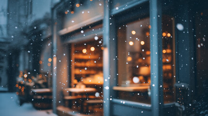 Cozy winter caf&eacute; exterior with snow gently falling and warm lights glowing through the windows. Peaceful and calm atmosphere on a cold winter evening, creating a welcoming and relaxing urban scene.