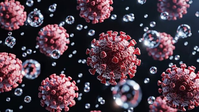 Close-Up View of Pink Coronavirus Particles Floating in Dark Space.