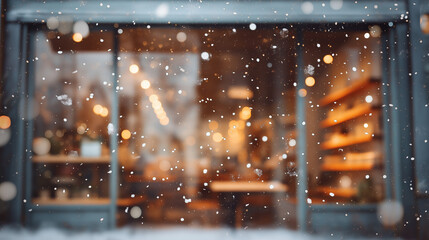 Cozy winter caf&eacute; exterior with snow gently falling and warm lights glowing through the windows. Peaceful and calm atmosphere on a cold winter evening, creating a welcoming and relaxing urban scene.
