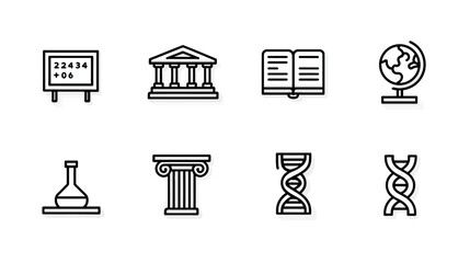 Educational and Science Outline Icons Set: Learning, Knowledge, University, School, Research Symbols for Academic Concepts