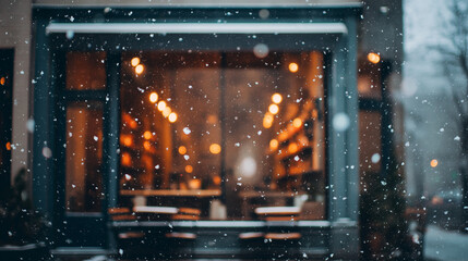 Cozy winter caf&eacute; exterior with snow gently falling and warm lights glowing through the windows. Peaceful and calm atmosphere on a cold winter evening, creating a welcoming and relaxing urban scene.