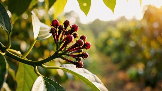 A clove plants buds in warm light displaying green leaves and a clove bunch against a blurred background