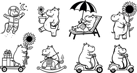 Hand drawn hippos doing various activities including astronaut jumping flower holding knitting scooter riding in black and white line art