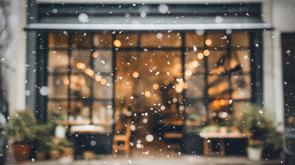 Cozy winter caf&eacute; exterior with snow gently falling and warm lights glowing through the windows. Peaceful and calm atmosphere on a cold winter evening, creating a welcoming and relaxing urban scene.