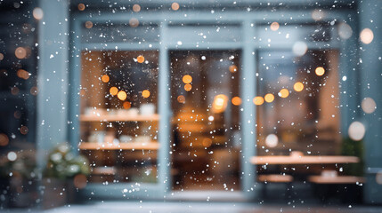 Cozy winter caf&eacute; exterior with snow gently falling and warm lights glowing through the windows. Peaceful and calm atmosphere on a cold winter evening, creating a welcoming and relaxing urban scene.