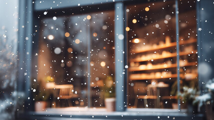 Cozy winter caf&eacute; exterior with snow gently falling and warm lights glowing through the windows. Peaceful and calm atmosphere on a cold winter evening, creating a welcoming and relaxing urban scene.