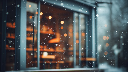 Cozy winter caf&eacute; exterior with snow gently falling and warm lights glowing through the windows. Peaceful and calm atmosphere on a cold winter evening, creating a welcoming and relaxing urban scene.