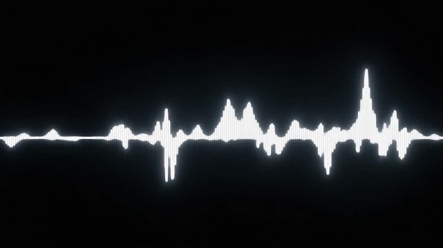 Futuristic audio wave visualization, glowing white waveform and frequency equalizer bars
