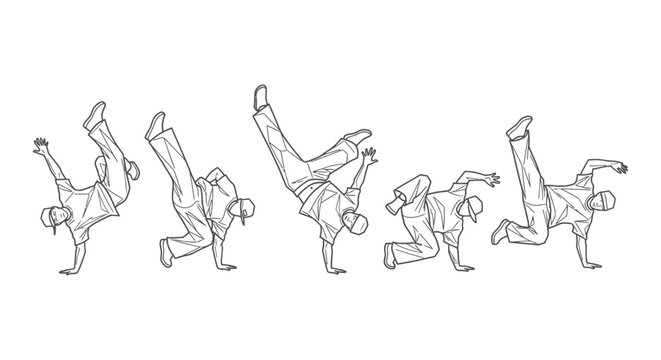 five stylized breakdance b-boy dancers performing dynamic power moves and freezes on a clean white background showcasing urban hip hop.