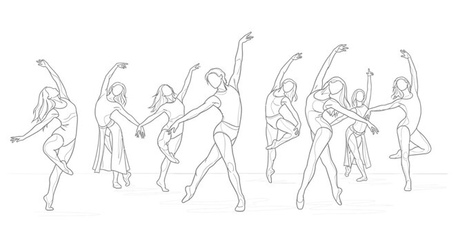 graceful female ballet dancers performing expressive movements in elegant poses illustrating artistic fluidity and modern minimalist line art