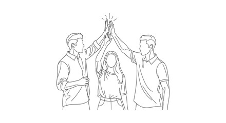 Obraz premium team high five line art of three diverse people symbolizing teamwork success and collaboration for business or friendship unity.