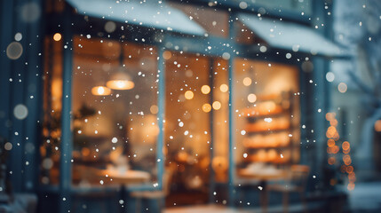 Cozy winter caf&eacute; exterior with snow gently falling and warm lights glowing through the windows. Peaceful and calm atmosphere on a cold winter evening, creating a welcoming and relaxing urban scene.