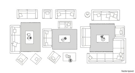 top view furniture layouts for modern living room arrangements showcasing sofas chairs and coffee tables ideal for interior design.
