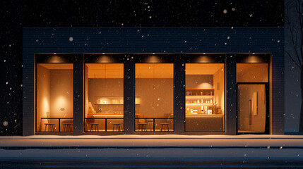 Cozy winter caf&eacute; exterior with snow gently falling and warm lights glowing through the windows. Peaceful and calm atmosphere on a cold winter evening, creating a welcoming and relaxing urban scene.