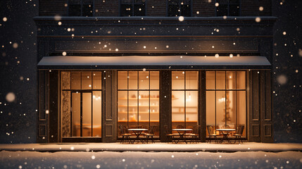Cozy winter caf&eacute; exterior with snow gently falling and warm lights glowing through the windows. Peaceful and calm atmosphere on a cold winter evening, creating a welcoming and relaxing urban scene.