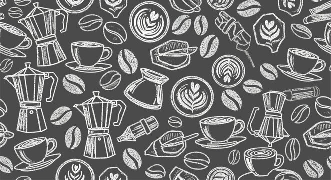 chalk coffee pattern seamless background with moka pots cups and beans on dark ideal for cafe branding menu and kitchen decor.