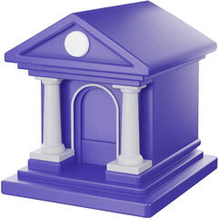 Obraz premium 3d render of a stylized purple bank building with classical columns isolated on transparent background