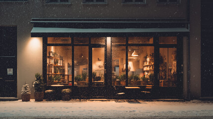 Cozy winter caf&eacute; exterior with snow gently falling and warm lights glowing through the windows. Peaceful and calm atmosphere on a cold winter evening, creating a welcoming and relaxing urban scene.