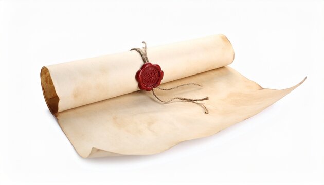 Old parchment scroll with red wax seal on white background