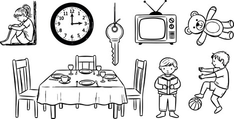 Fototapeta premium Black and white line art showing sad girl sitting in corner clock tv teddy bear dining table with dishes boy reading and playing with ball
