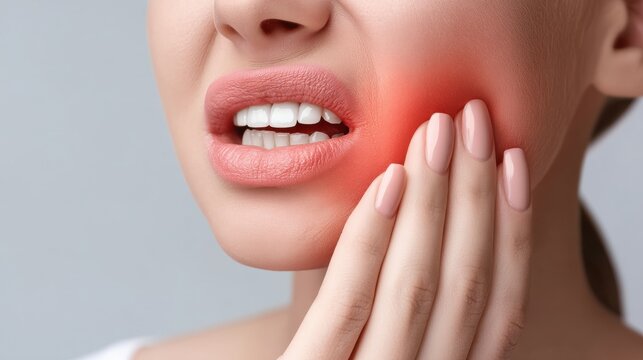 Close-Up of Woman with Red Swollen Cheek in High Fidelity Image for Dental Pain Relief Illustration