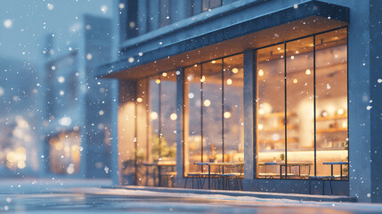 Cozy winter caf&eacute; exterior with snow gently falling and warm lights glowing through the windows. Peaceful and calm atmosphere on a cold winter evening, creating a welcoming and relaxing urban scene.