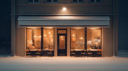 Cozy winter caf&eacute; exterior with snow gently falling and warm lights glowing through the windows. Peaceful and calm atmosphere on a cold winter evening, creating a welcoming and relaxing urban scene.