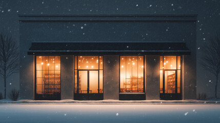Cozy winter caf&eacute; exterior with snow gently falling and warm lights glowing through the windows. Peaceful and calm atmosphere on a cold winter evening, creating a welcoming and relaxing urban scene.