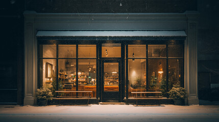 Cozy winter caf&eacute; exterior with snow gently falling and warm lights glowing through the windows. Peaceful and calm atmosphere on a cold winter evening, creating a welcoming and relaxing urban scene.