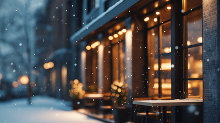 Cozy winter caf&eacute; exterior with snow gently falling and warm lights glowing through the windows. Peaceful and calm atmosphere on a cold winter evening, creating a welcoming and relaxing urban scene.